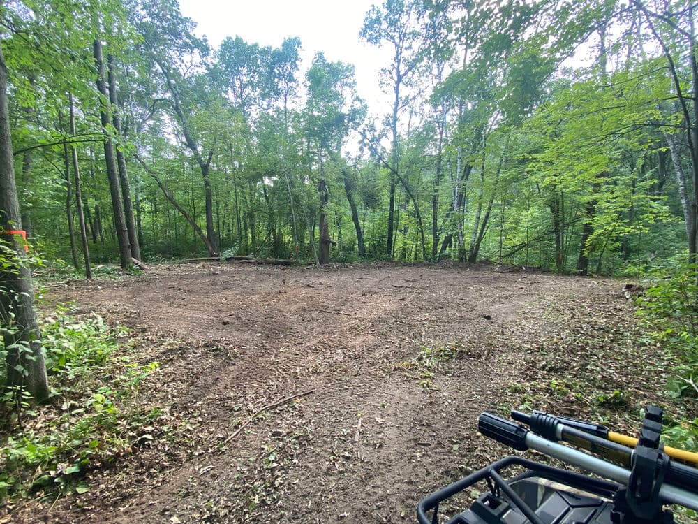 Cleared area in a forest with trees and greenery, ready for outdoor activities or construction.